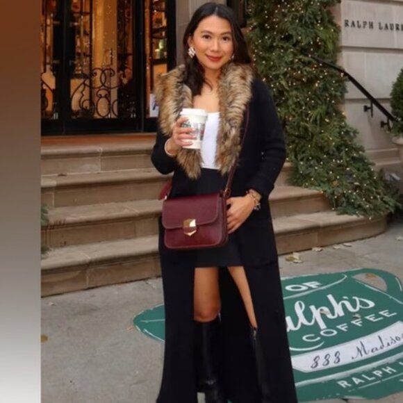 πGORGEOUS!πBOHO-CHIC 70s INSPIRED FAUX RED FOX FUR COLLAR CARDIGAN in BLACK - Picture 12 of 16